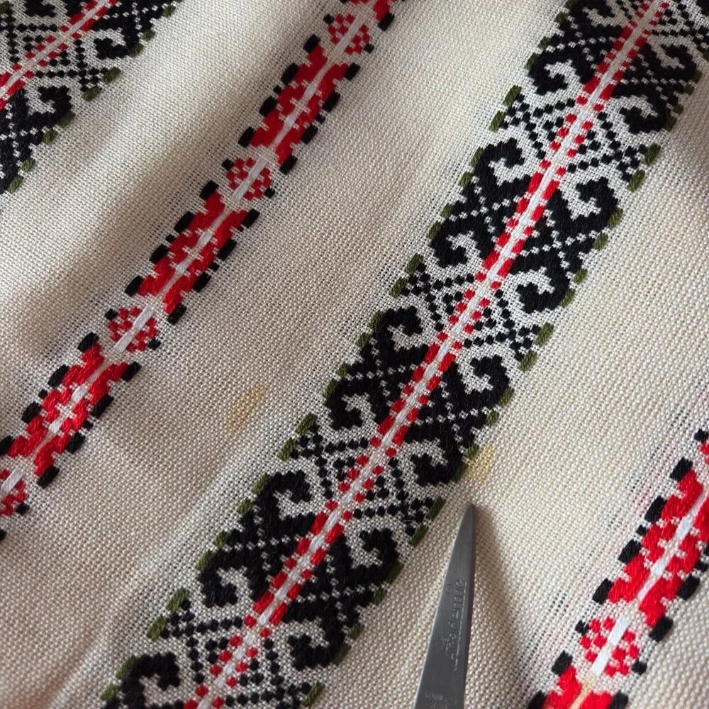 Vintage Hand Woven Red Black Tablecloth